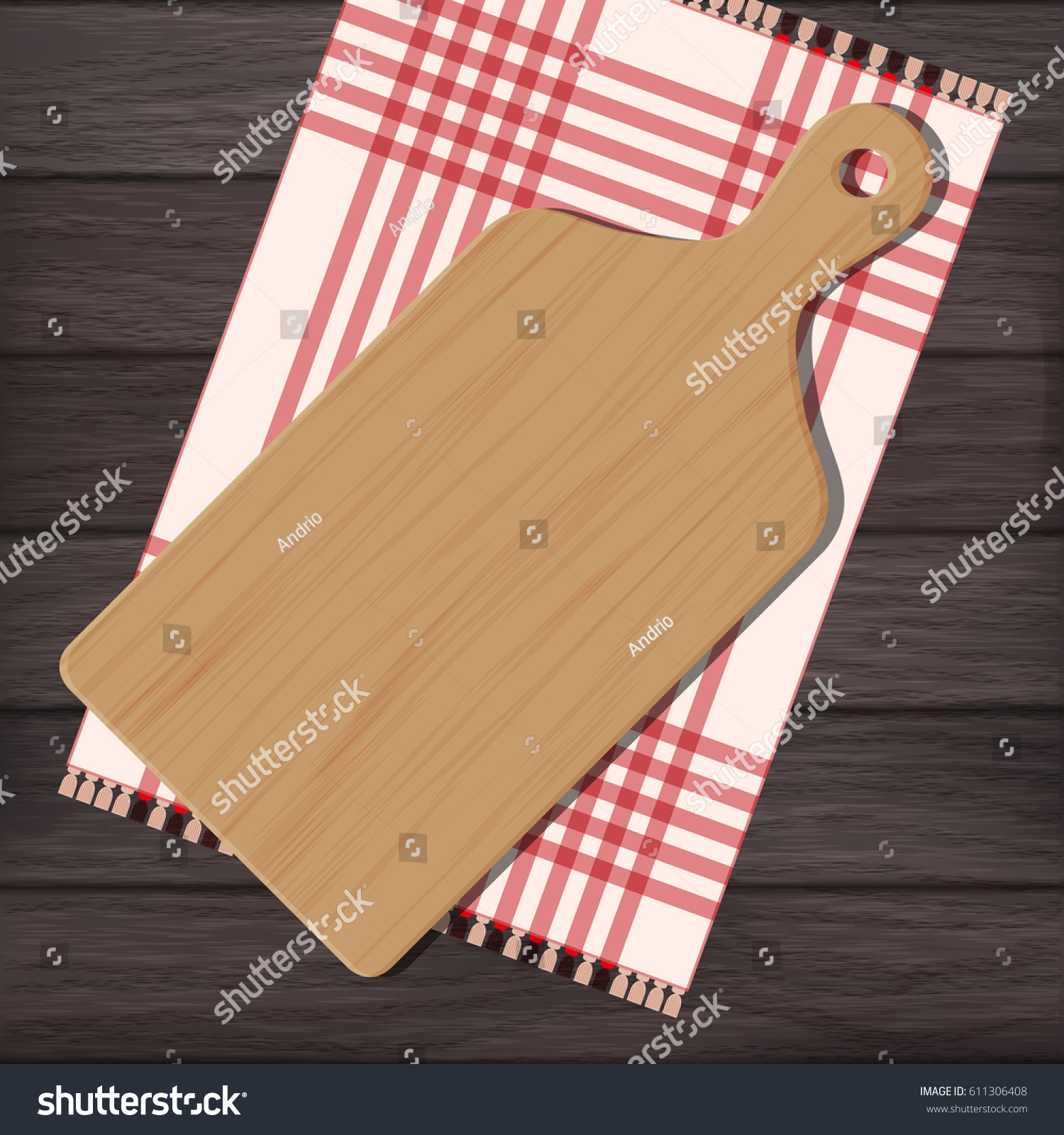 SVG of Cutting board with gingham cloth on wooden background. Vector color illustration clipart svg