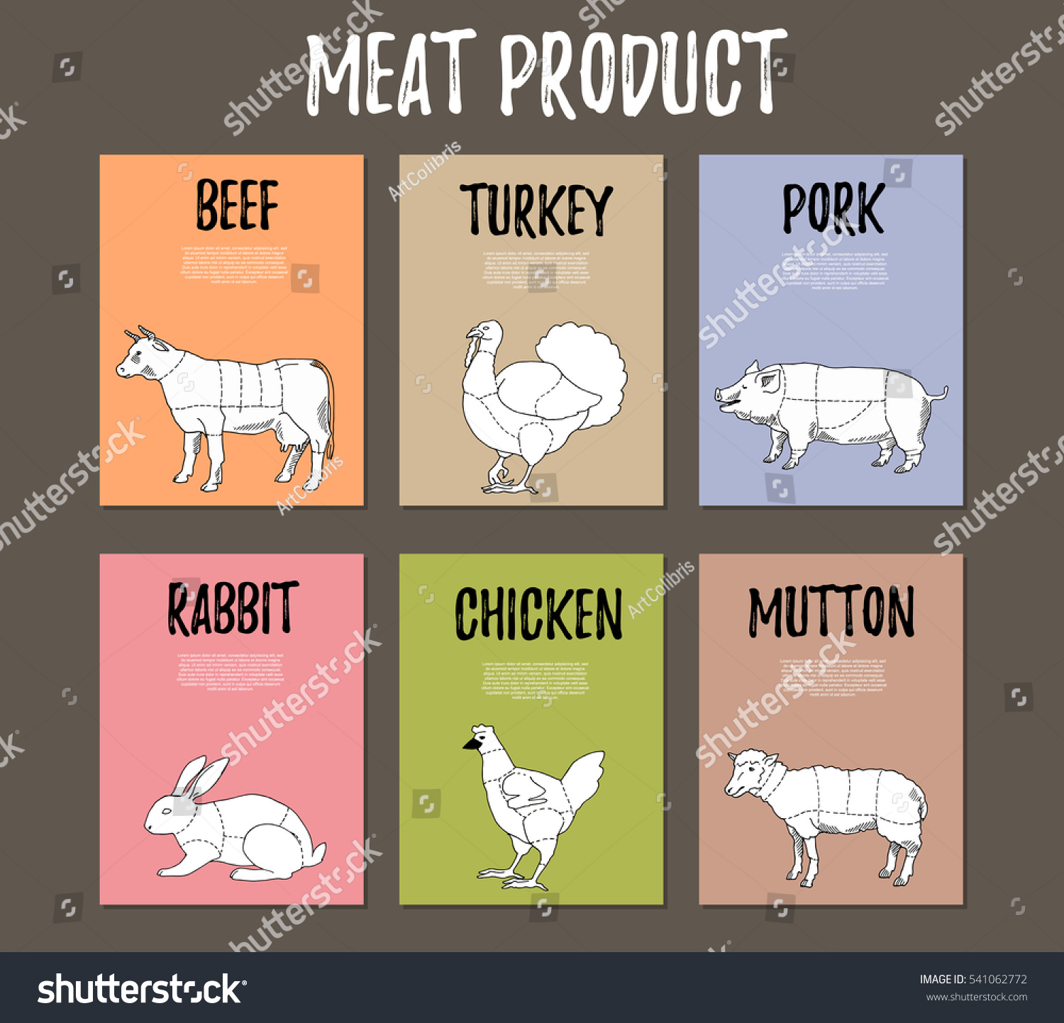 stock vector cutting meat carcasses meat shop hen turkey beef rabbit 541062772