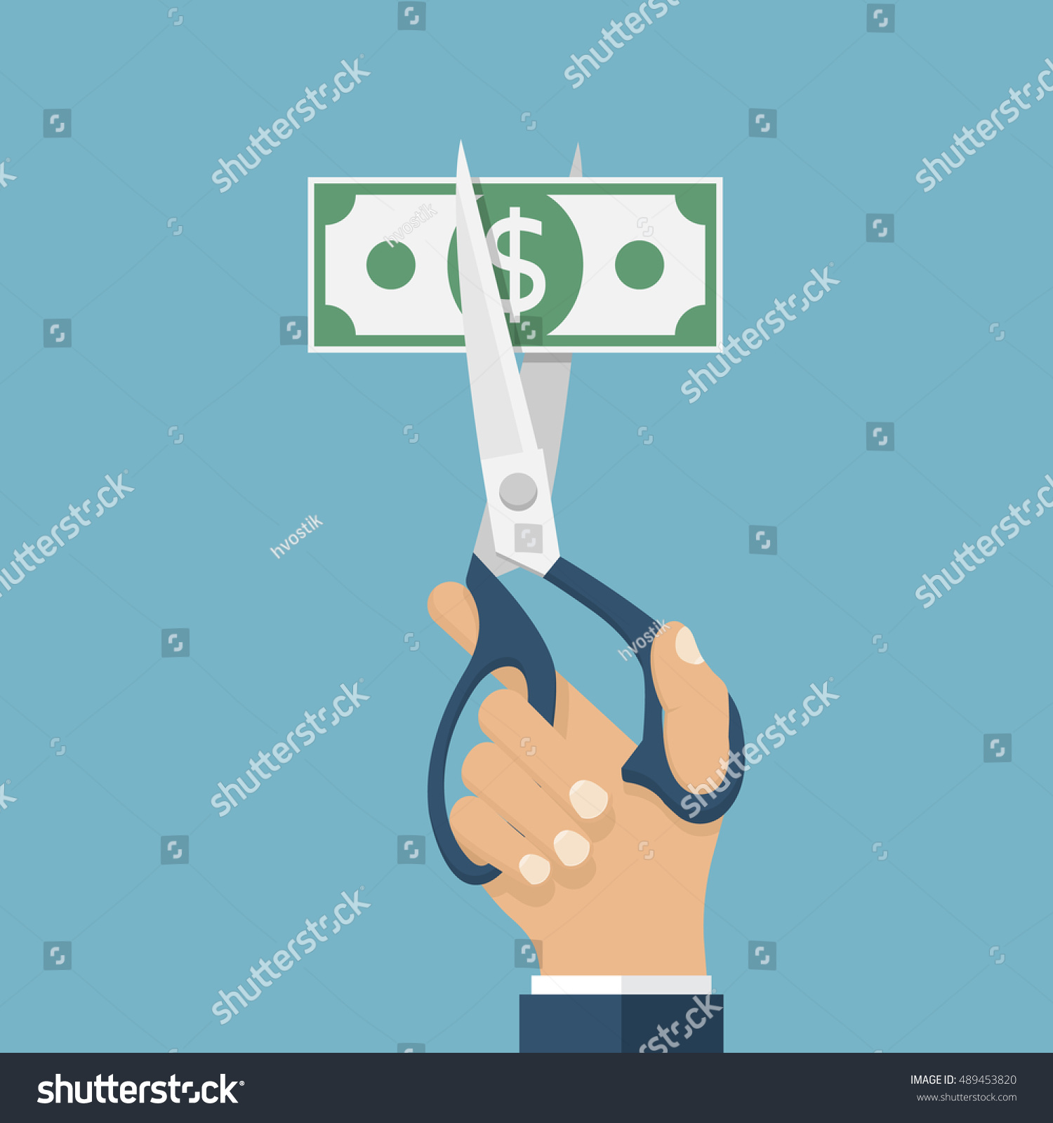 SVG of Cutting money, scissors in hands men, cutting dollar banknote. Cost reduction. Half price.  Vector illustration flat design. Isolated on background. Bill for two. Big discount. svg