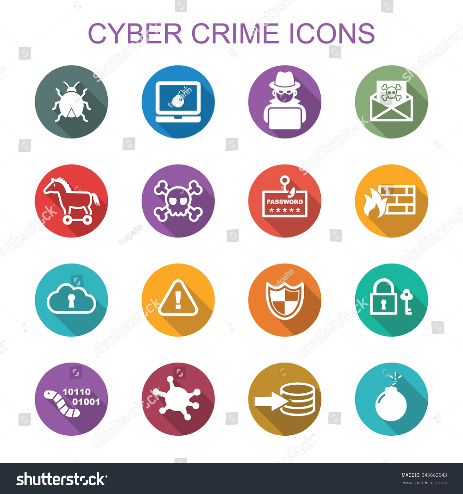 Cyber Crime Long Shadow Icons Flat Stock Vector 345662543 Shutterstock