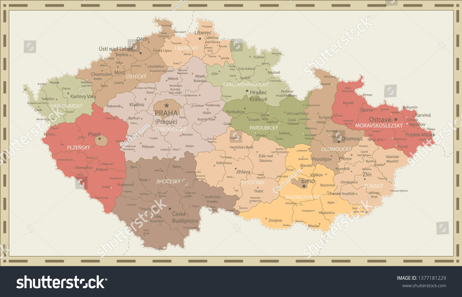 Stock Vector Czech Republic Political Map Retro Colors Detailed Map Of Czech Republic Vector Illustration 1377181229 