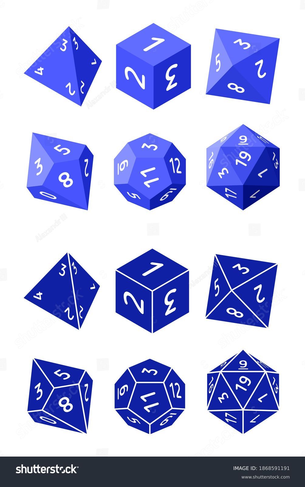 SVG of D4, D6, D8, D10, D12, and D20 Dice for Boardgames in Flat and Glyph Styles svg