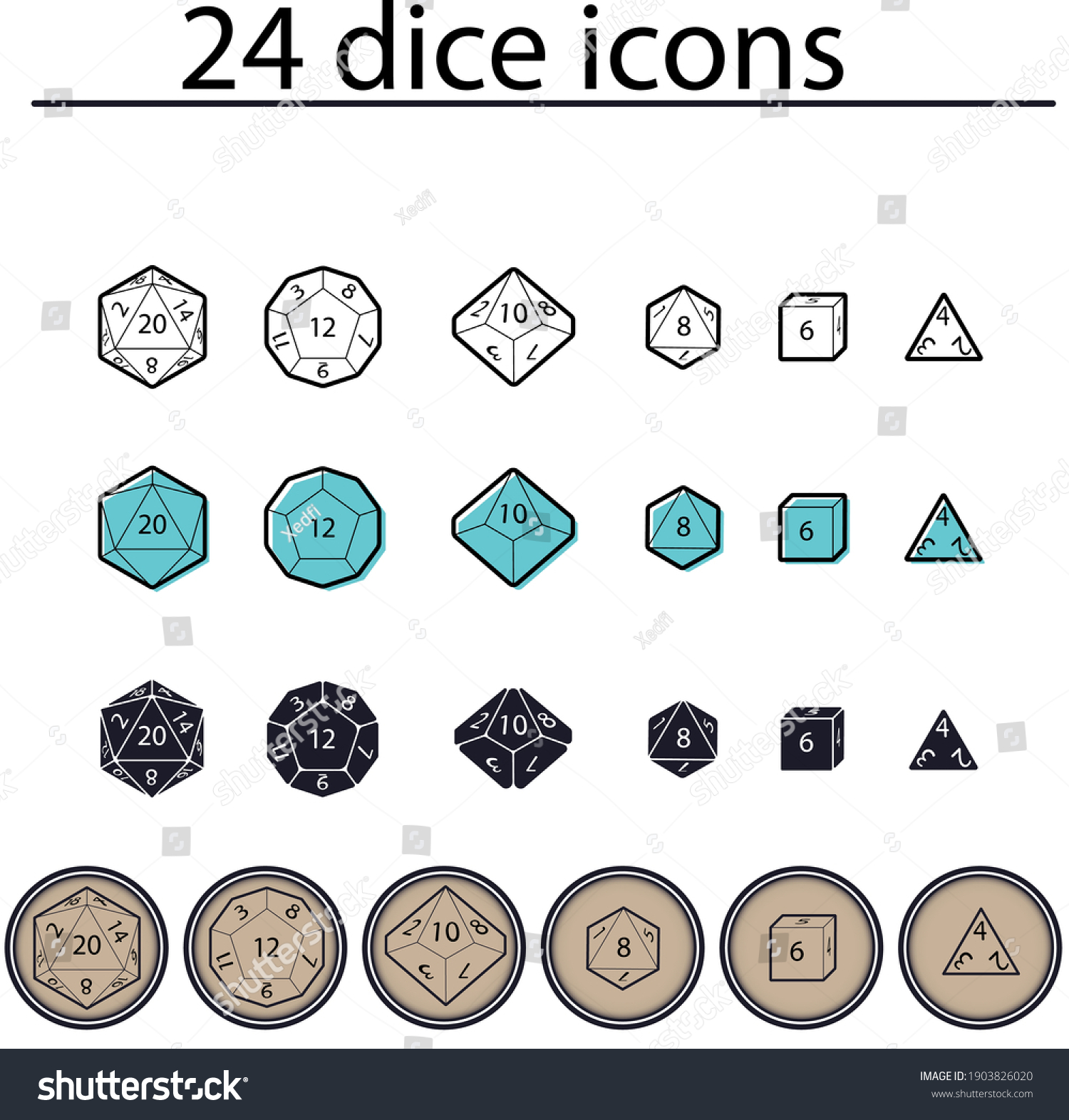 SVG of D4, D6, D8, D10, D12, and D20 Dice for Boardgames in Flat. Dungeon and dragons dices. svg
