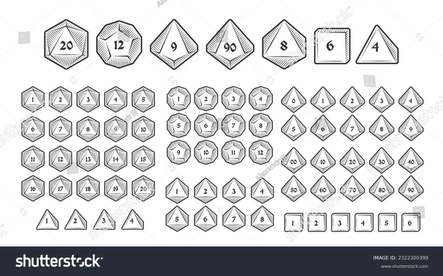 SVG of D4, D6, D8, D10, D12, and D20 Dice Icons for Board Games With Numbers, Line Style With Hatching svg