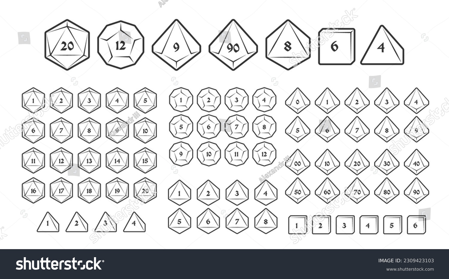 SVG of D4, D6, D8, D10, D12, and D20 Dice Icons for Boardgames With Numbers, Line Style svg