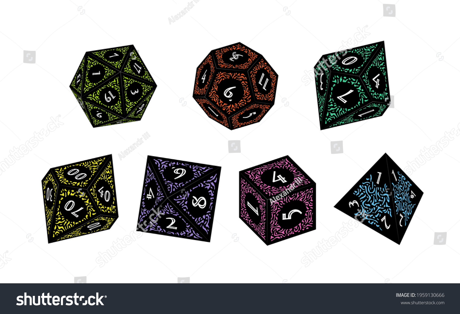 SVG of D4, D6, D8, D10, D12, and D20 Isometric Dice for Boardgames svg