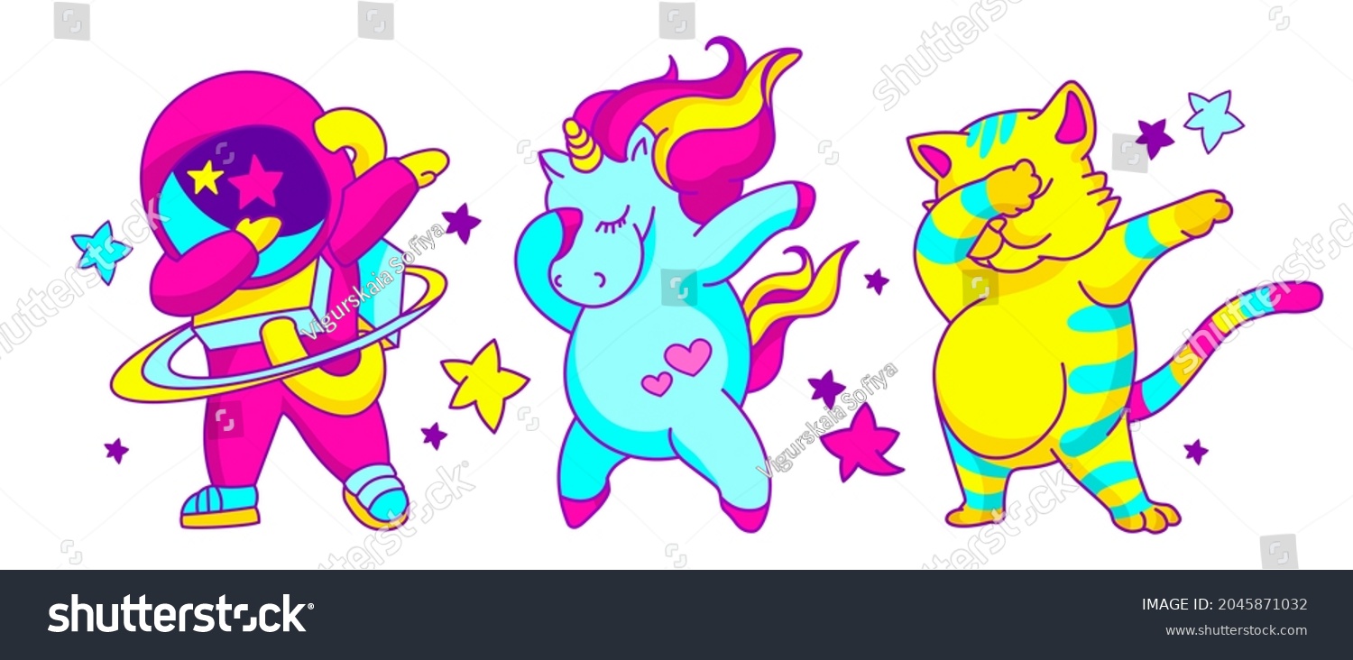 SVG of Dabbing dance vector design concept. Acid crazy illustration with unicorn, cat and dabbing astronaut.Trendy t-shirt template, vibrant funny illustration. svg