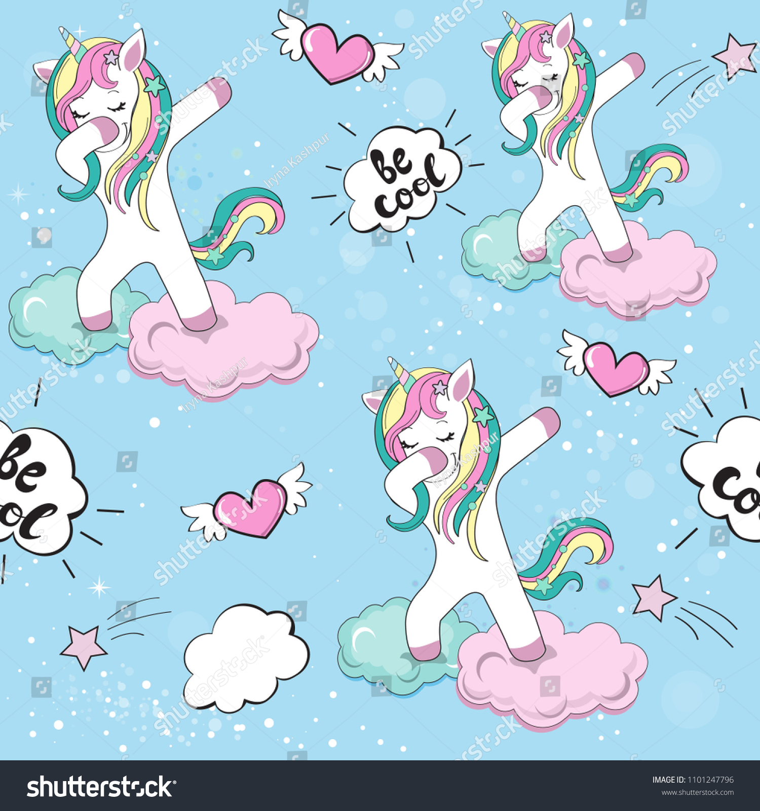 SVG of Dabbing unicorn seamless pattern in the blue sky with clouds svg