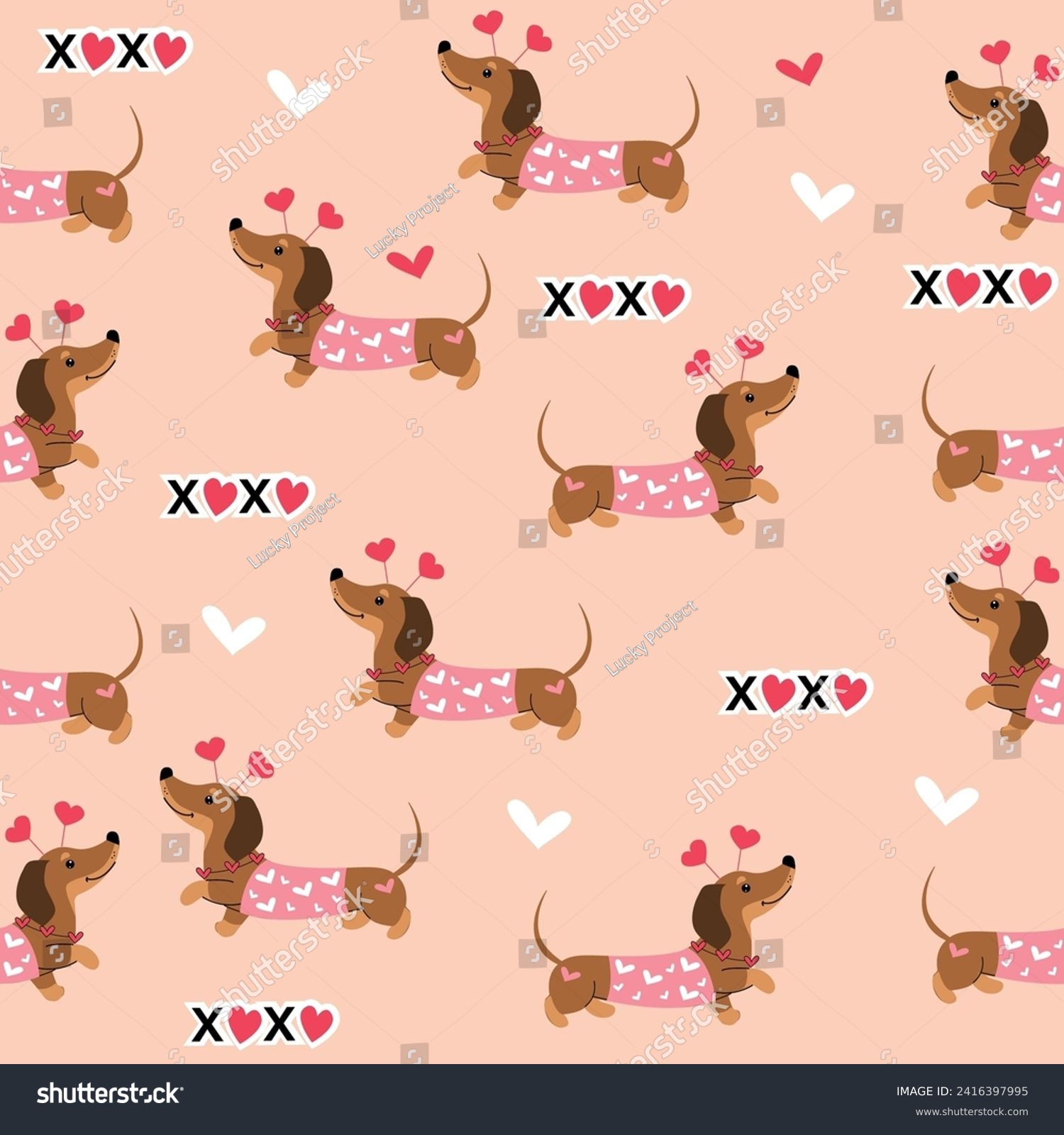 SVG of Dachshund dogs and hearts on a pink background seamless pattern. Vector illustration doodle style. valentine's day card. Love animals svg