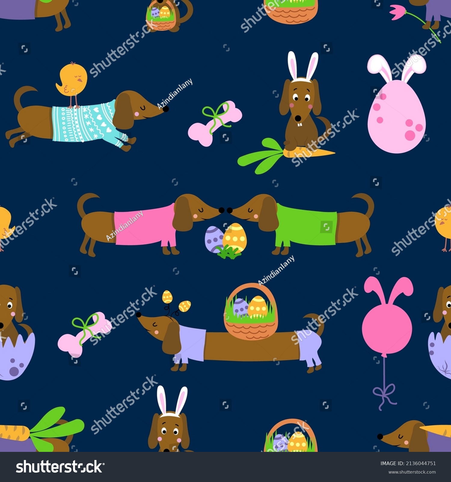 SVG of Dachshund Easter egg hunt party - Funny cartoon weiner dogs and eggs. Cute cactus, characters. Hand drawn doodle set for kids. For textiles, nursery, wallpapers, wrapping paper, clothes. svg