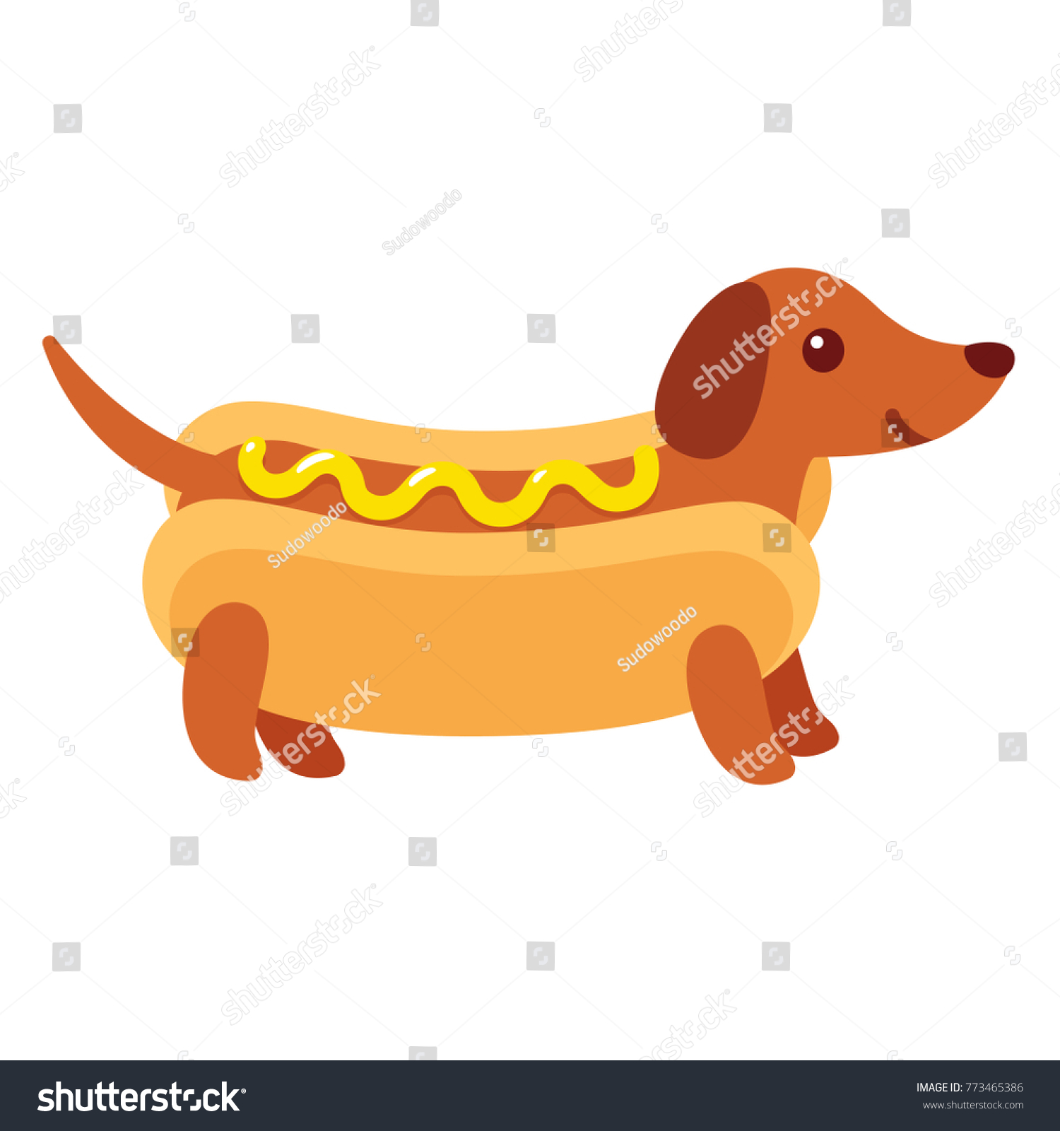 SVG of Dachshund puppy in hot dog bun with mustard, funny cartoon drawing. Cute Weiner dog vector illustration. svg