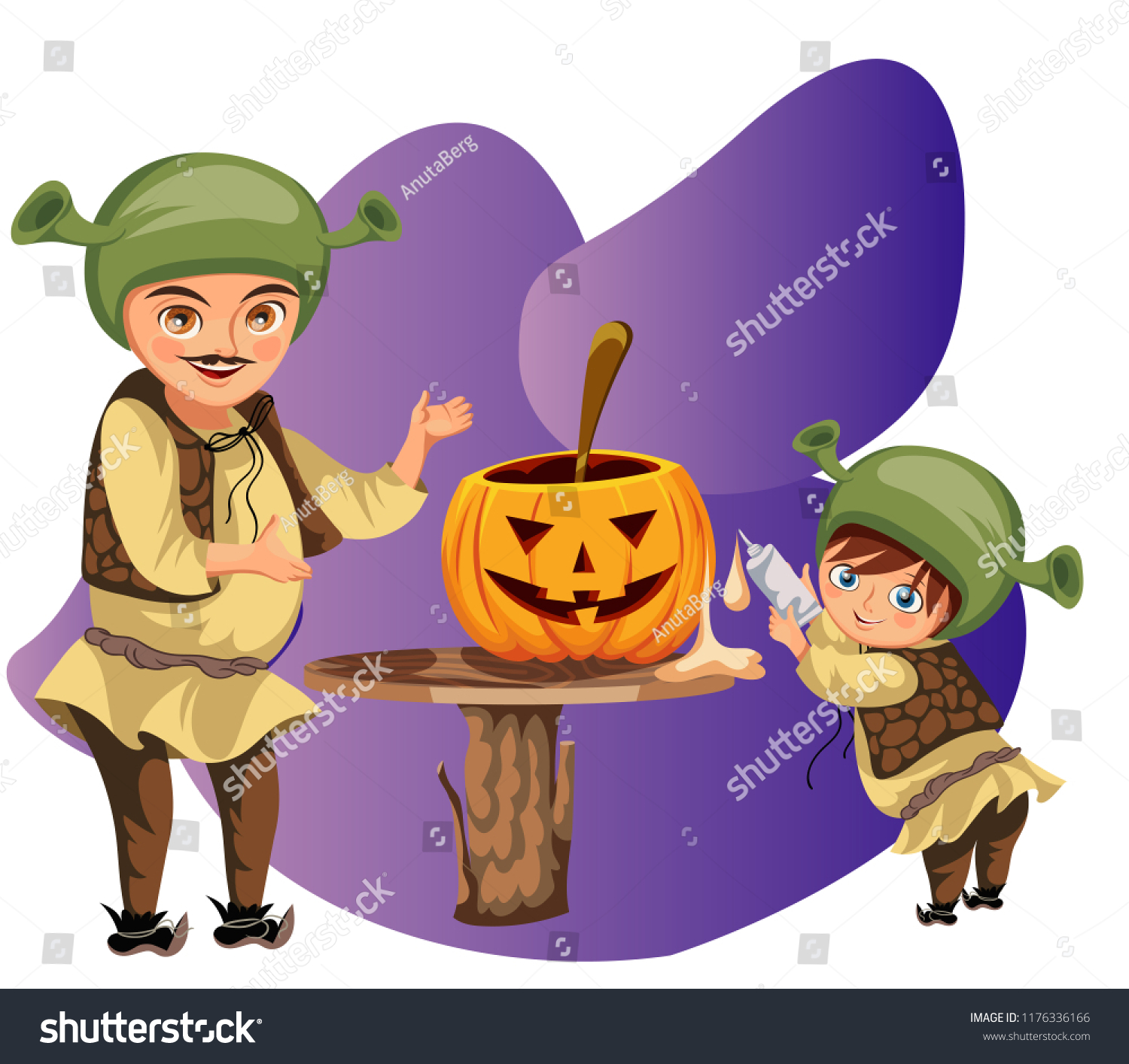 SVG of Dad with son making Halloween pumpkin poster. Cartoon father with little sonny dressed shrek costumes and carving mystery gourd vector illustration. Family horror party concept. svg