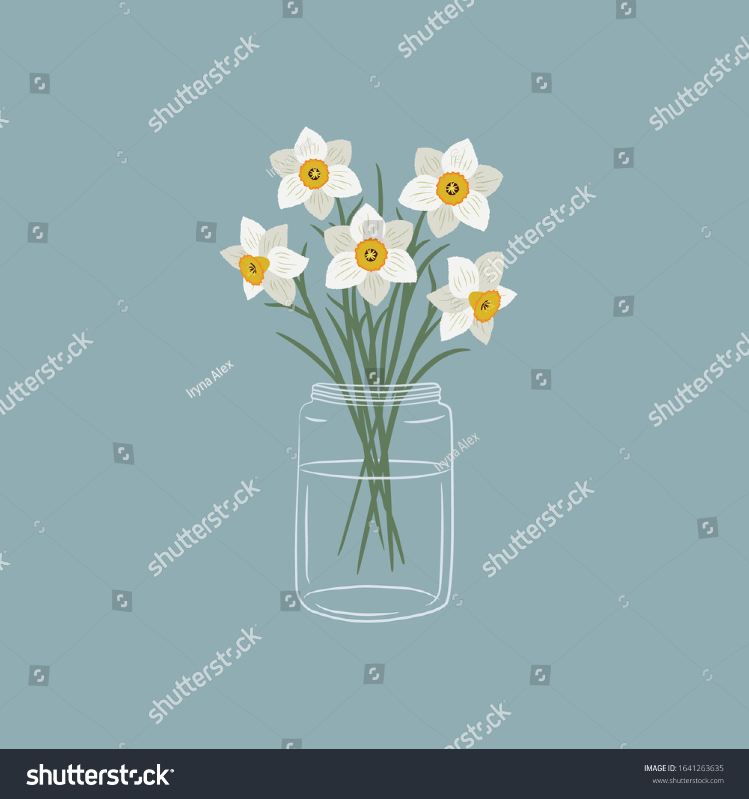 SVG of Daffodils in a glass jar. White daffodils with leaves. Spring flowers. Floral composition. Vector illustration on a blue background svg