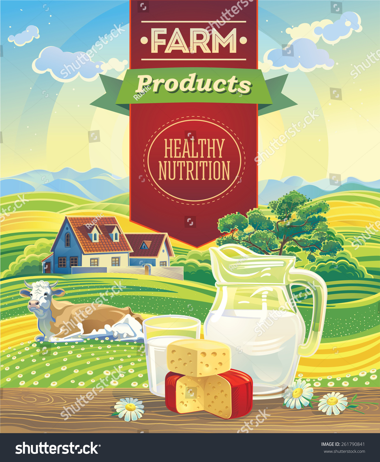 Dairy Products Against The Background Rural Landscape With Cow. Vector ...