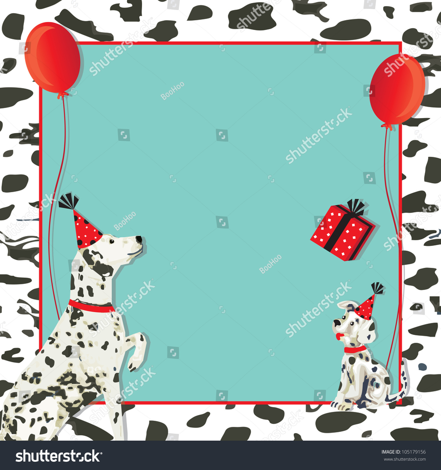 SVG of Dalmatian dog invitation and puppy dog with party hats, gift and red balloons on a spotted dalmation black and white background. svg