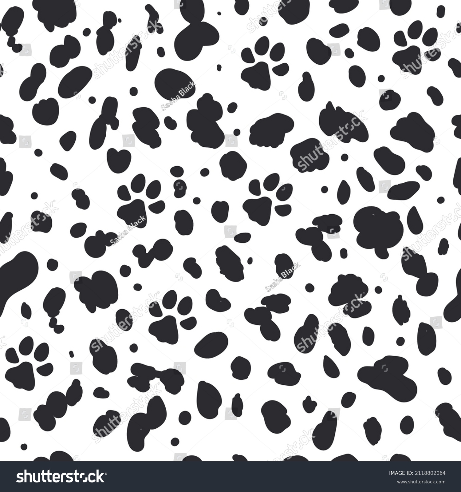 SVG of Dalmatian seamless pattern. Animal skin print. Dogs black dots and paw on white background. Vector svg