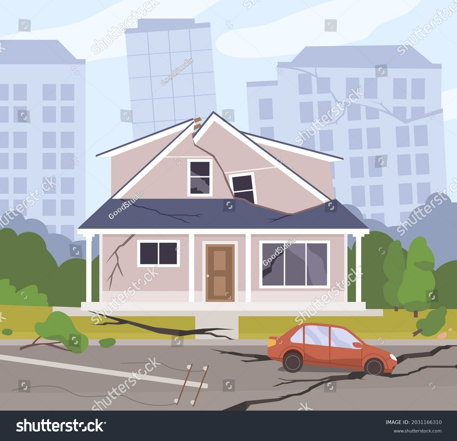 Damaged City Road Buildings After Earthquake Stock Vector (Royalty Free ...