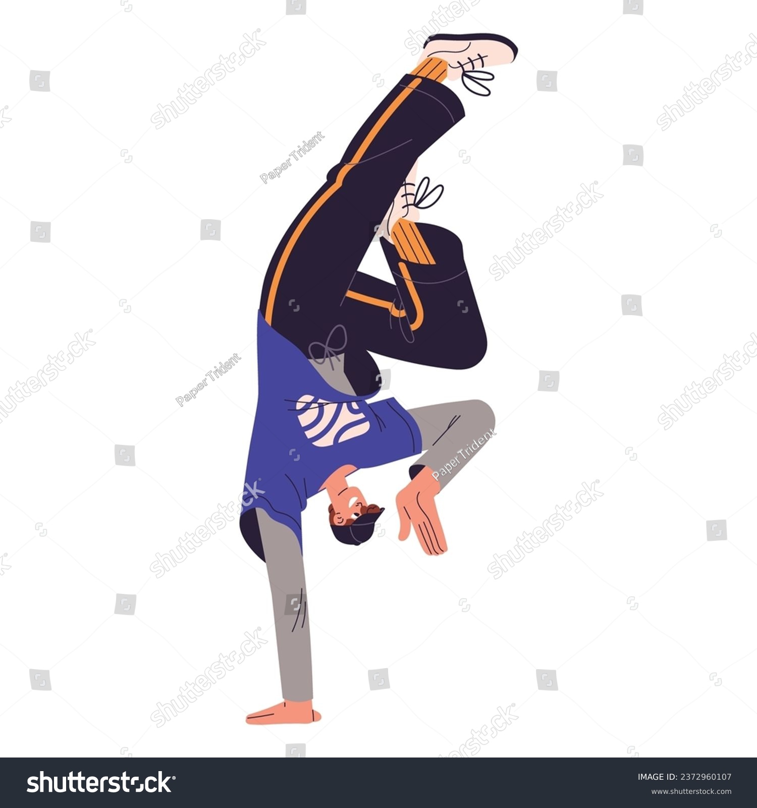 SVG of Dancer perform breakdancing, contemporary motions. Young man in hiphop pose handstand. Modern performer in cap dance break. Freestyle street performance. Flat isolated vector illustration on white svg