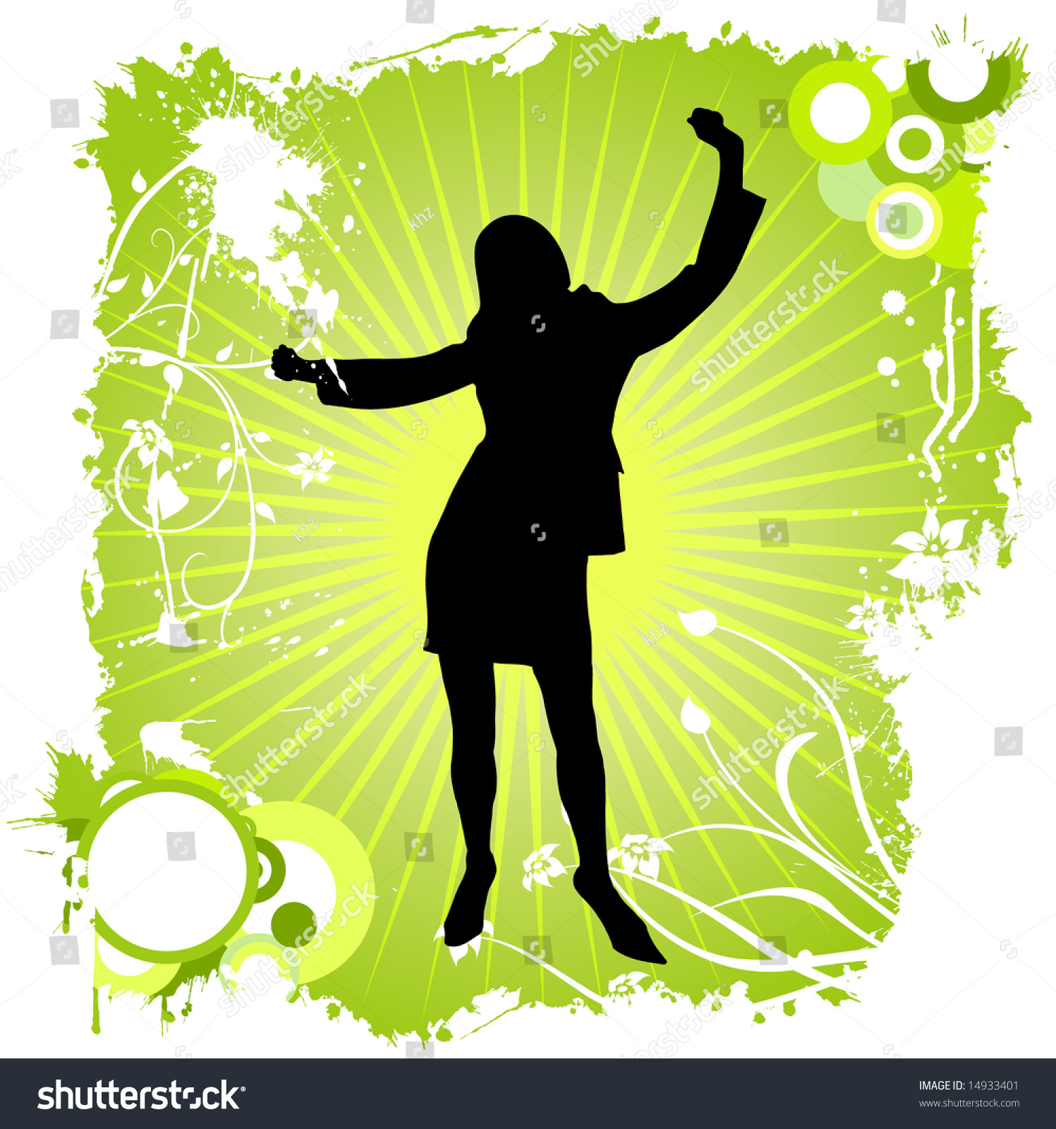 Dancing Woman Vector Silhouette With Flower Ornaments And Grunge ...