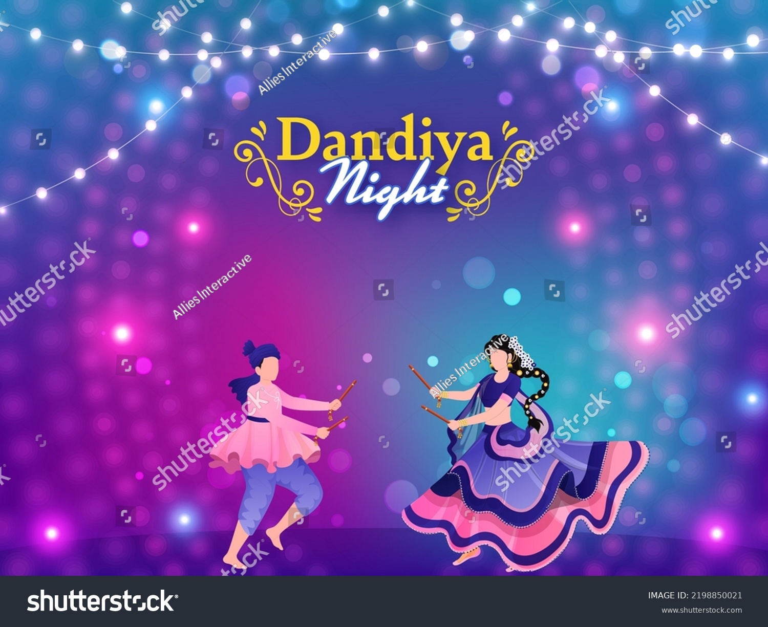 SVG of Dandiya Night Celebration Background Decorated With Lighting Garland And Faceless Indian Couple Dancing Together. svg