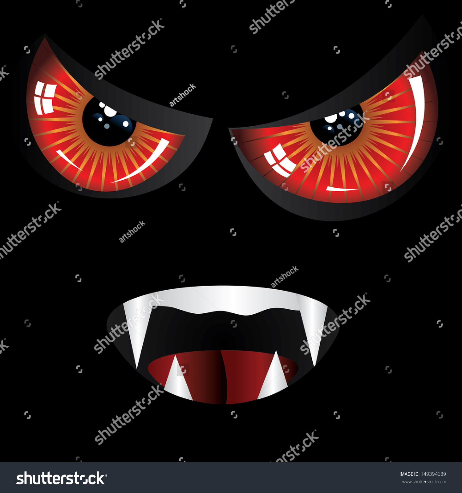 Danger Evil Face With Red Eyes And Fangs On Black Background. Stock ...