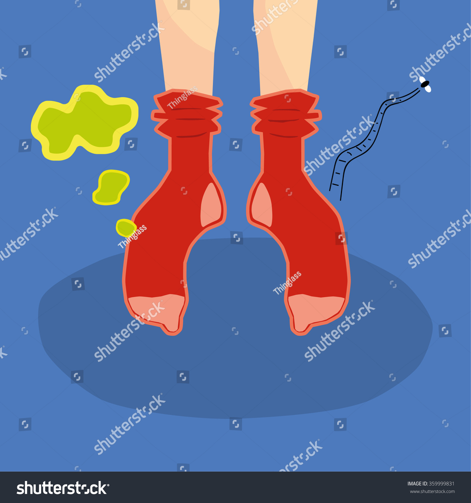 SVG of Dangling feet wearing big red socks from which cheesy smells are floating up as a small fly drifts off svg