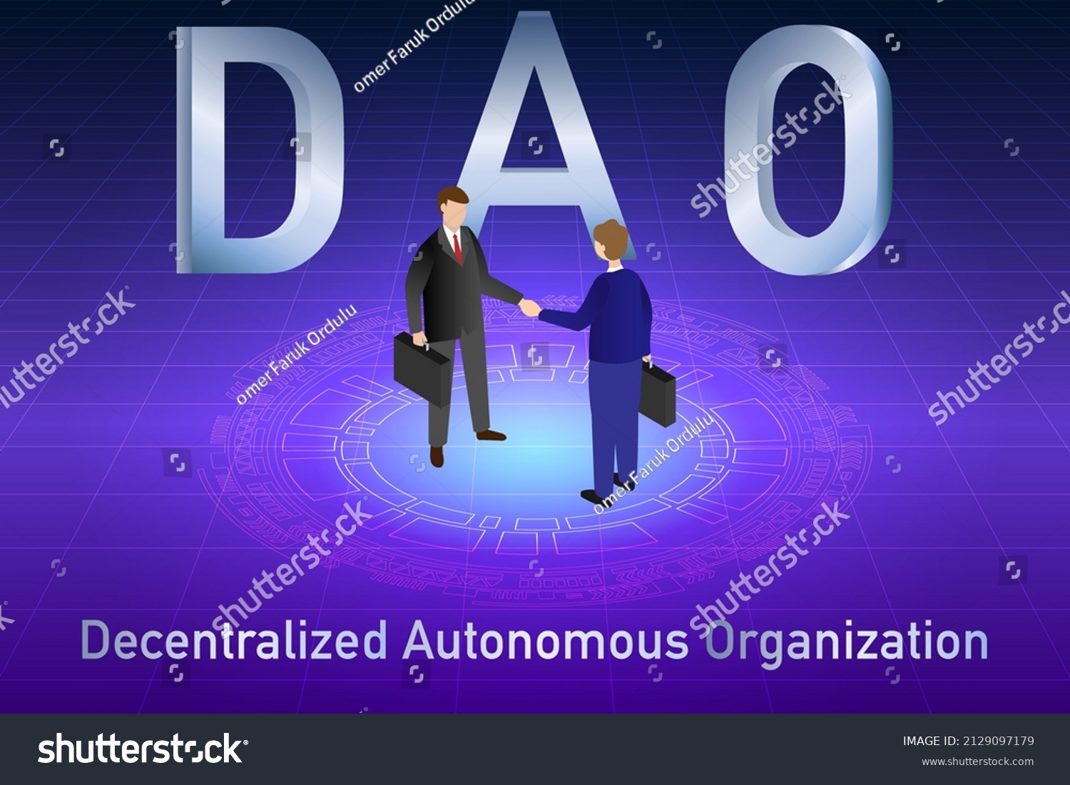 SVG of DAO, Decentralized Autonomous Organization. Business people making agreement in front of DAO logo. Businessmen signing smart contract on blockchain and metaverse. svg