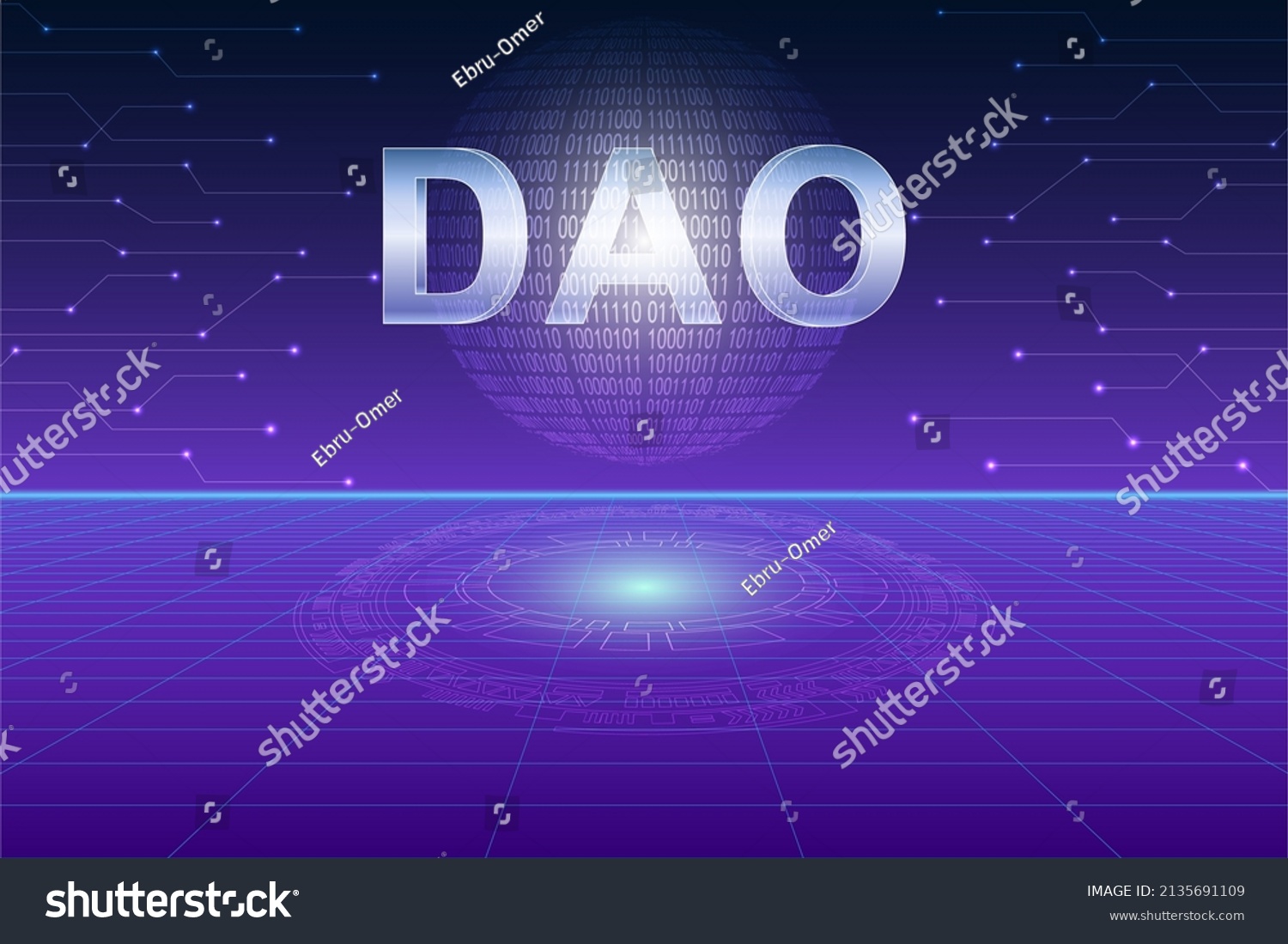 SVG of DAO, Decentralized autonomous organization concept design. Earth globe composed of digital 1 and 0 on futuristic environmental background. DAO text design. svg