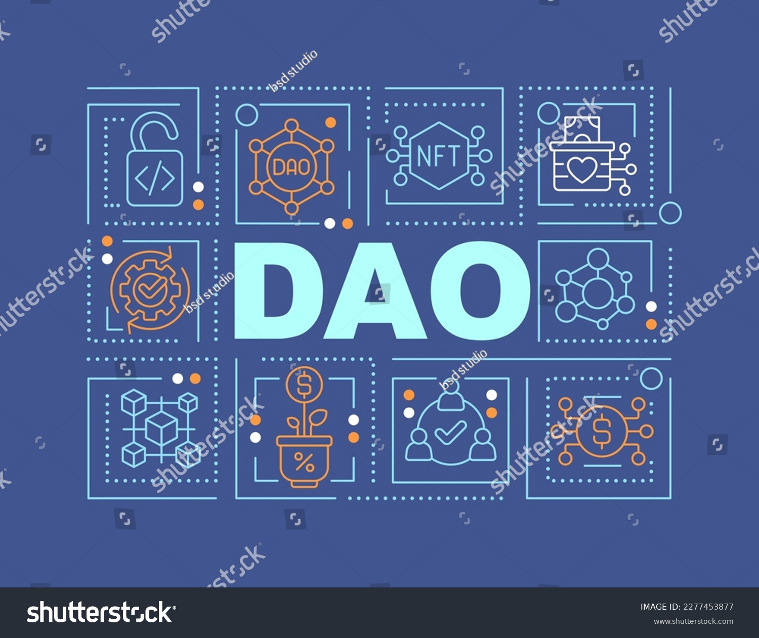 SVG of DAO word concepts blue banner. Decentralized autonomous organizations. Infographics with editable icons on color background. Isolated typography. Vector illustration with text. Arial-Black font used svg