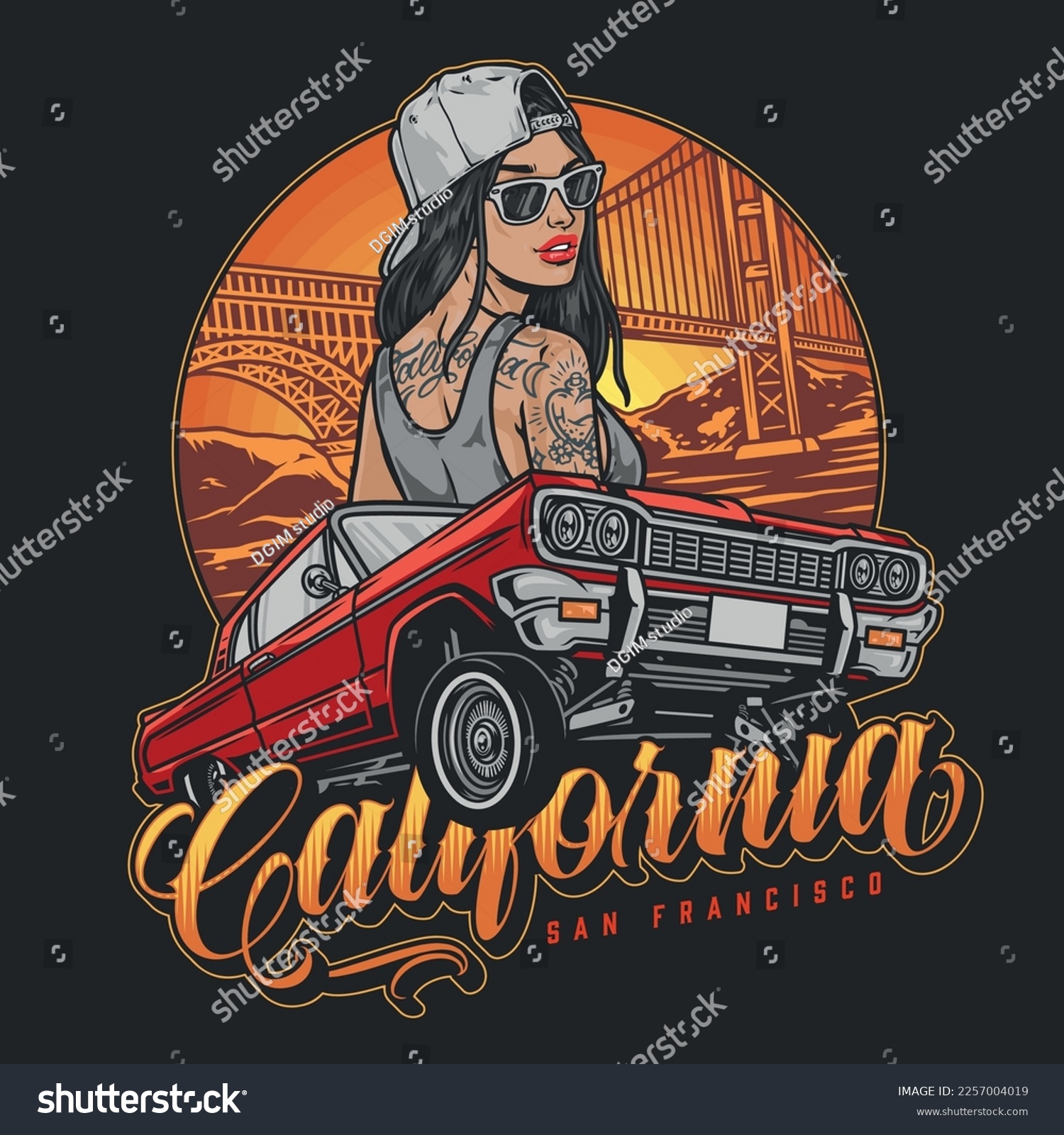 SVG of Daring woman lowrider colorful flyer with cool California car and tattooed woman near golden gate bridge vector illustration svg