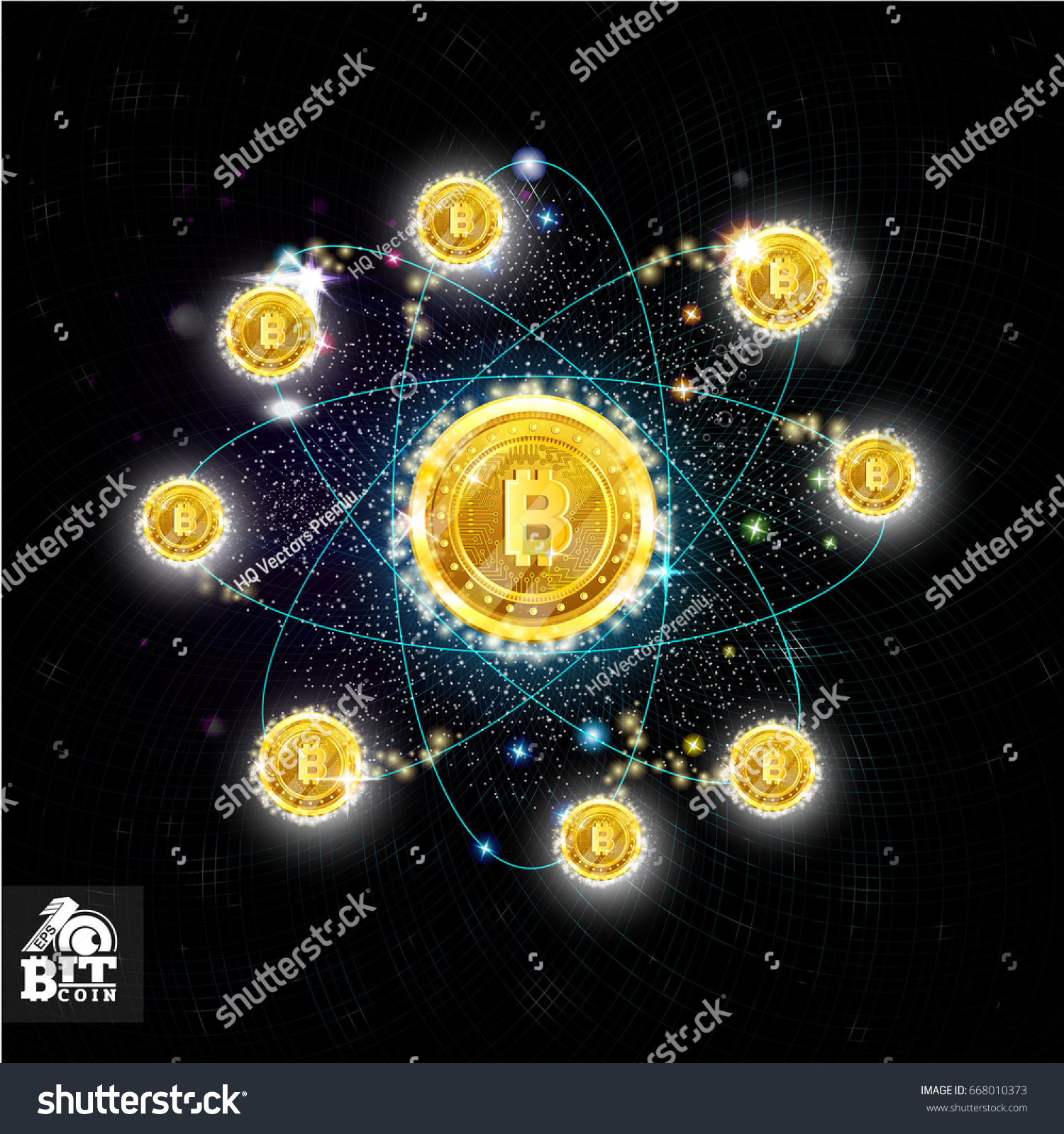 SVG of Dark background with shinny orbits in space with main bit coin in center and small flying around svg