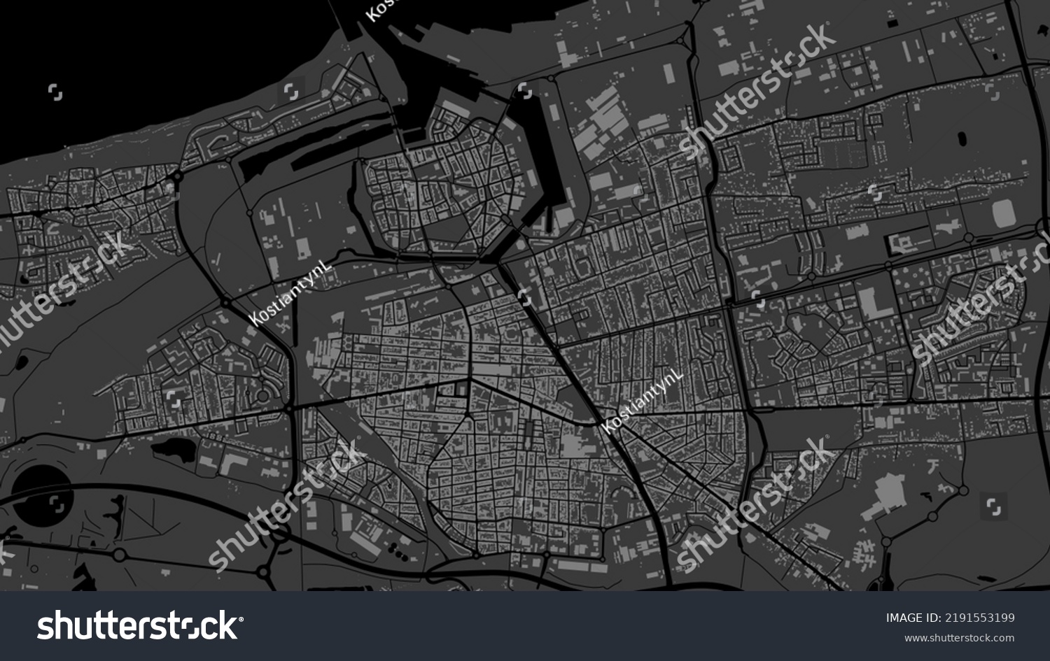 SVG of Dark black Calais city area vector background map, roads and water illustration. Widescreen proportion, digital flat design roadmap. svg