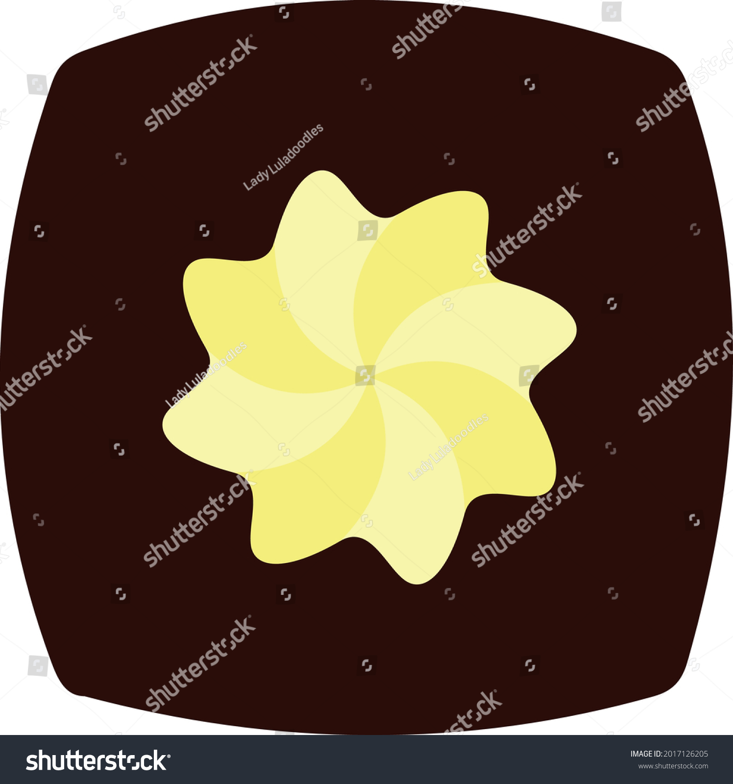 SVG of Dark brown rounded square Chocolate candy with two toned cream and yellow piped star decoration. Layered confectionery SVG svg