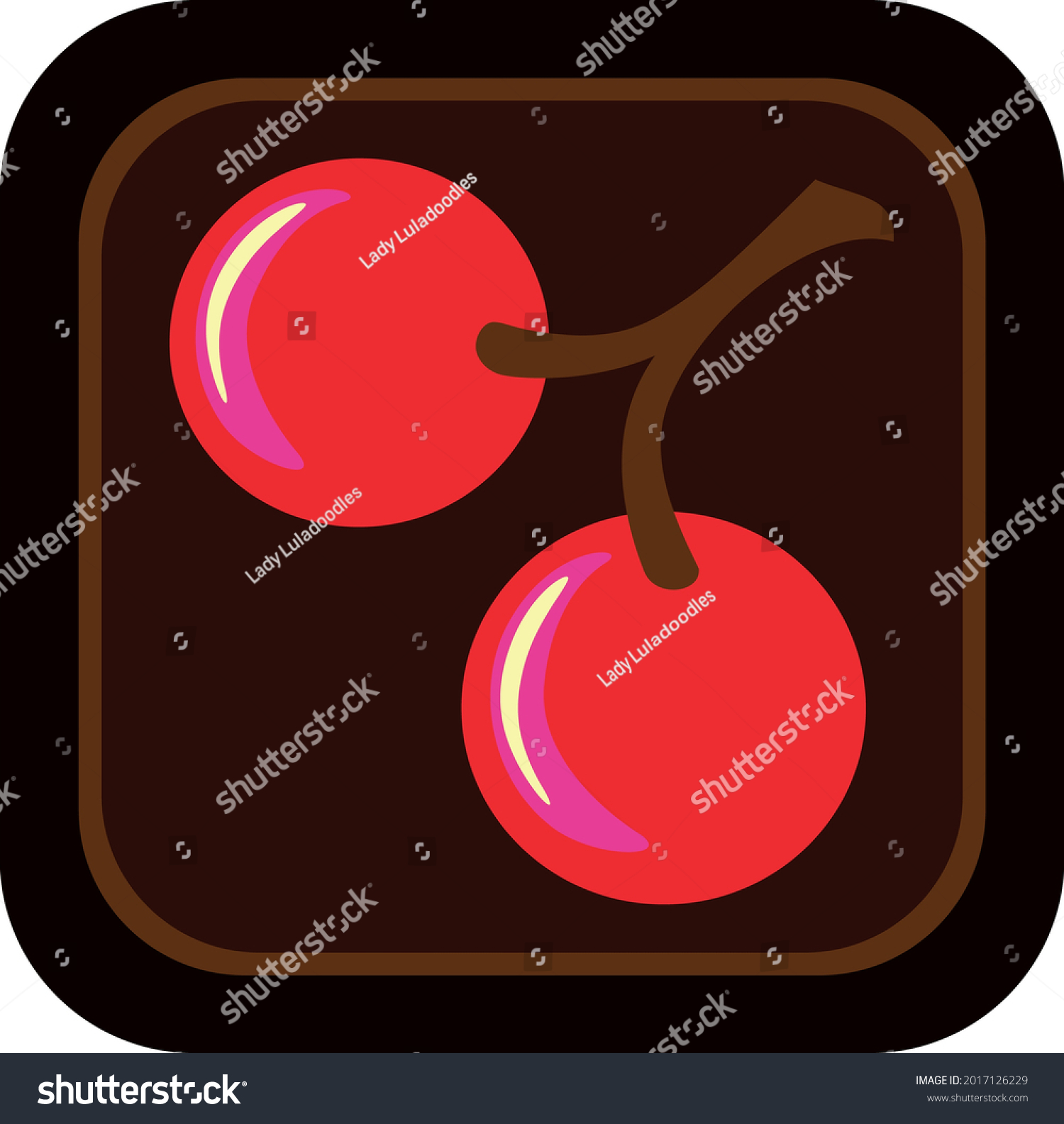SVG of Dark brown square Chocolate candy with lighter striped border and candied red cherry decoration. Layered confectionary SVG svg