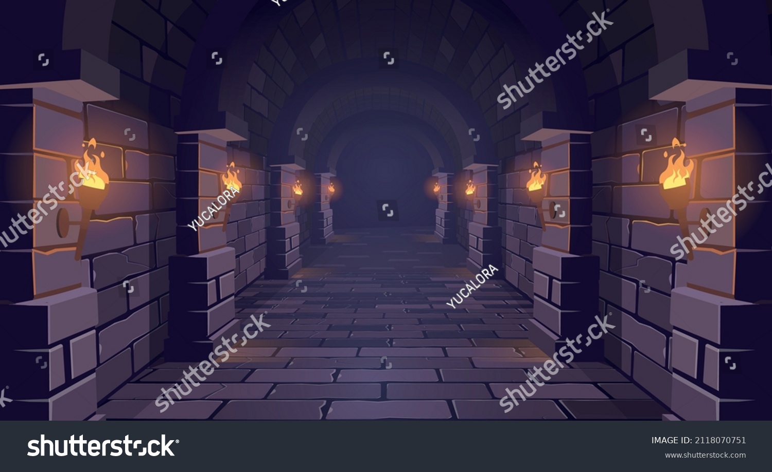 SVG of Dark Dungeon. Long medieval castle corridor with torches. Interior of ancient Palace with stone arch. Vector illustration. svg