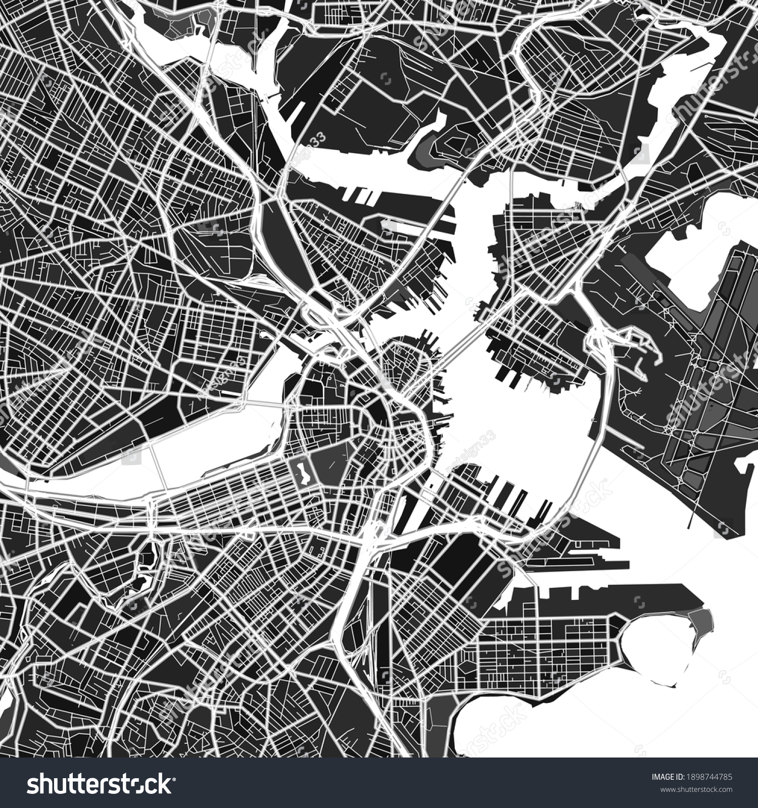 SVG of Dark vector art map of Boston, Massachusetts, UnitedStates with fine gray gradations for urban and rural areas. The different shades of gray in the Boston  map do not follow any particular pattern. svg