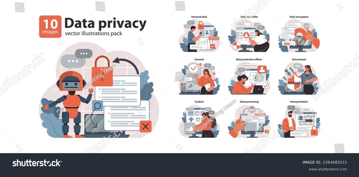 SVG of Data Privacy set. Exploring the facets of online safety. Personal data handling, secure browsing and encryption techniques. Protecting information user consent and potential threats. vector svg