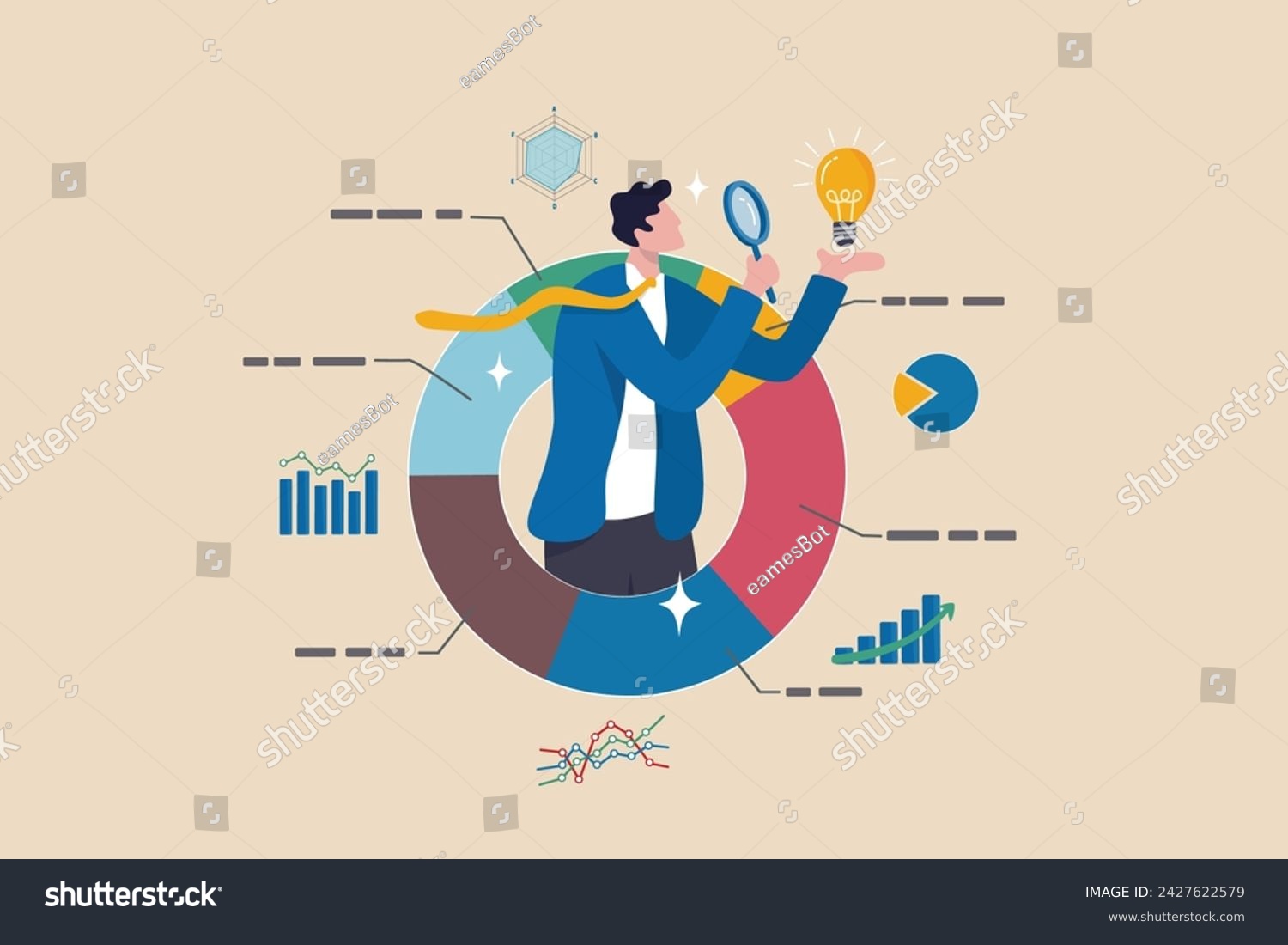 SVG of Data scientist analyze data for business insight, intelligence information on marketing research, analytics visualization dashboard, chart and graph concept, businessman analyze data with lightbulb. svg