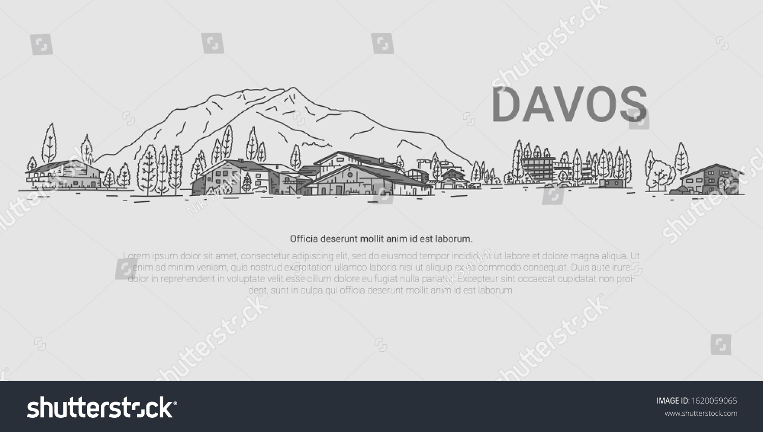 SVG of Davos, panorama on background mountain, cartoon. ski resort in Switzerland. City for various competitions and economic forums. fascinating walks in picturesque places. Vector illustration. svg