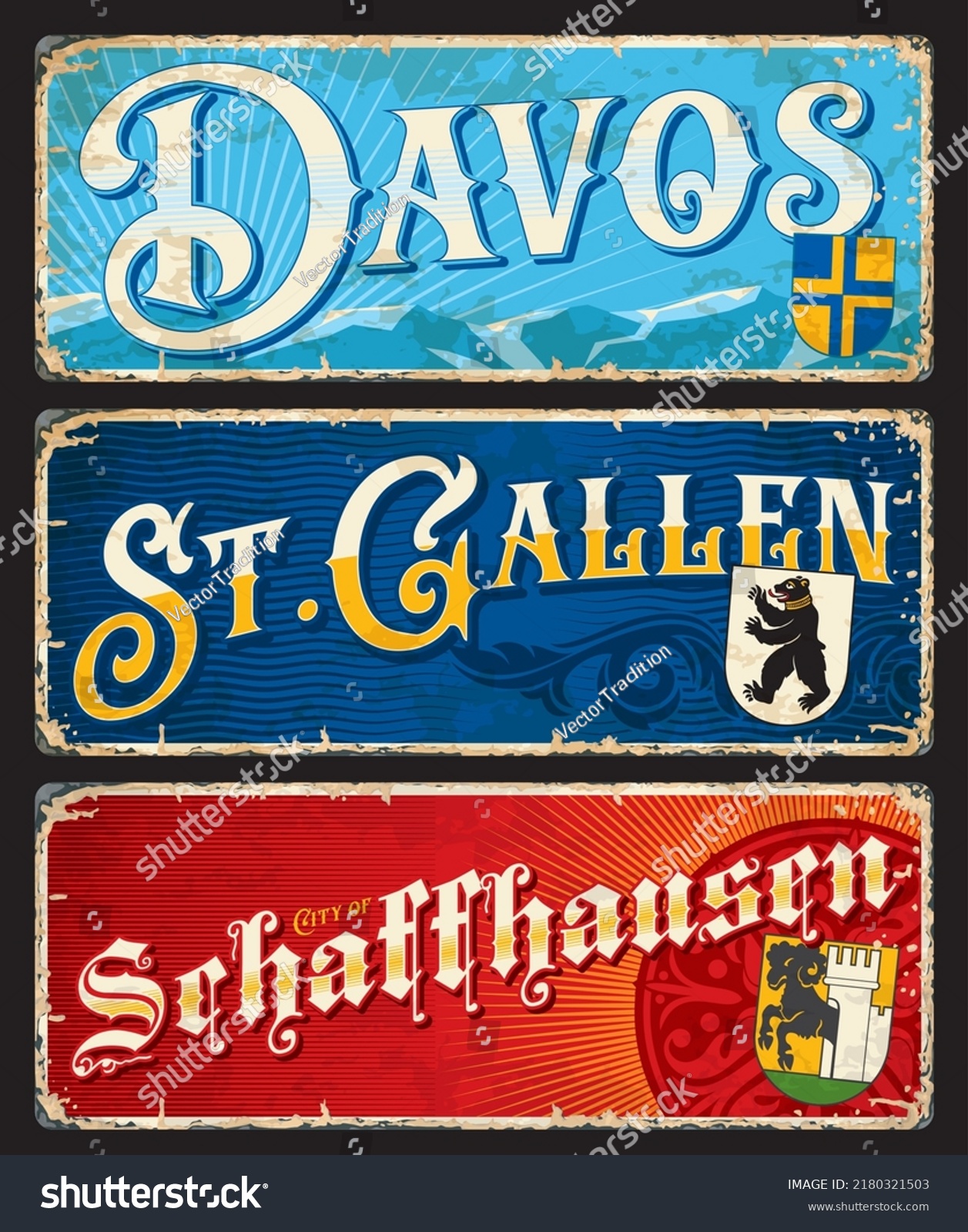 SVG of Davos, Saint Gallen, Schaffhausen, Swiss city travel stickers and plates, vector luggage tags. Switzerland travel tin signs and tourism trip stickers or grunge plates with Swiss canton cities emblems svg