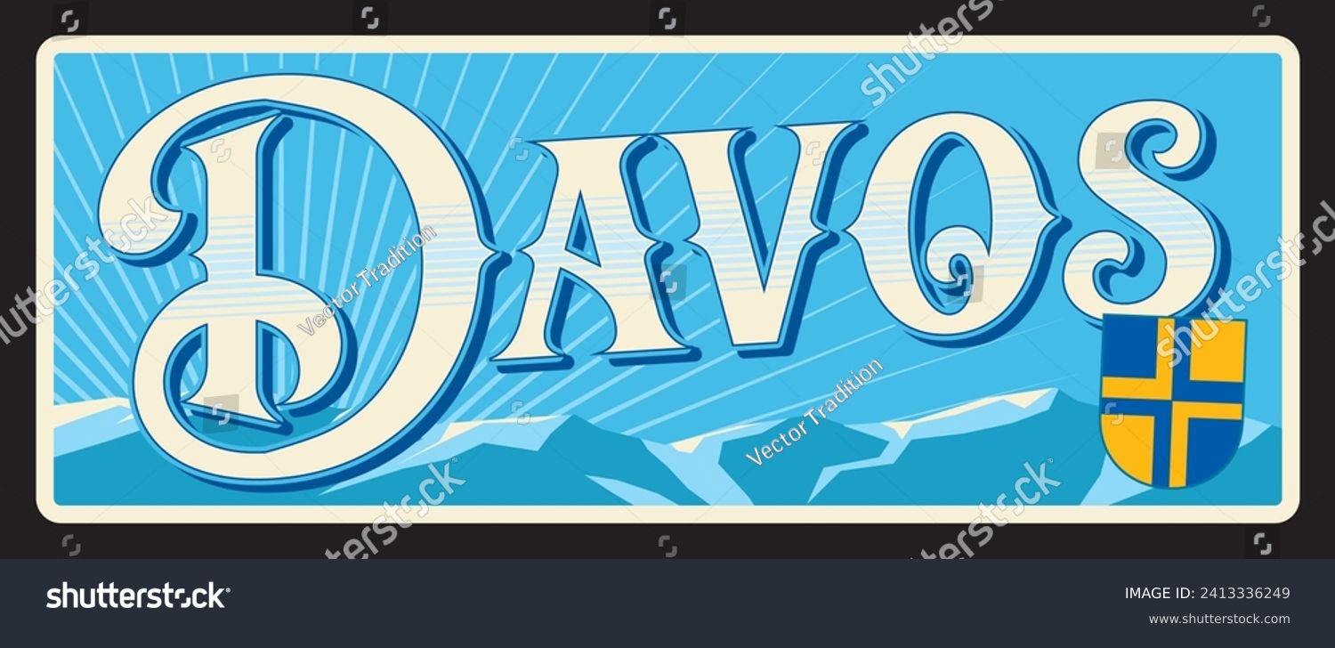 SVG of Davos Swiss city travel sticker and plate, vector luggage tag. Switzerland travel tin sign and tourism trip sticker or plates with Swiss canton city emblem. Alpine resort town, canton of Graubunden svg