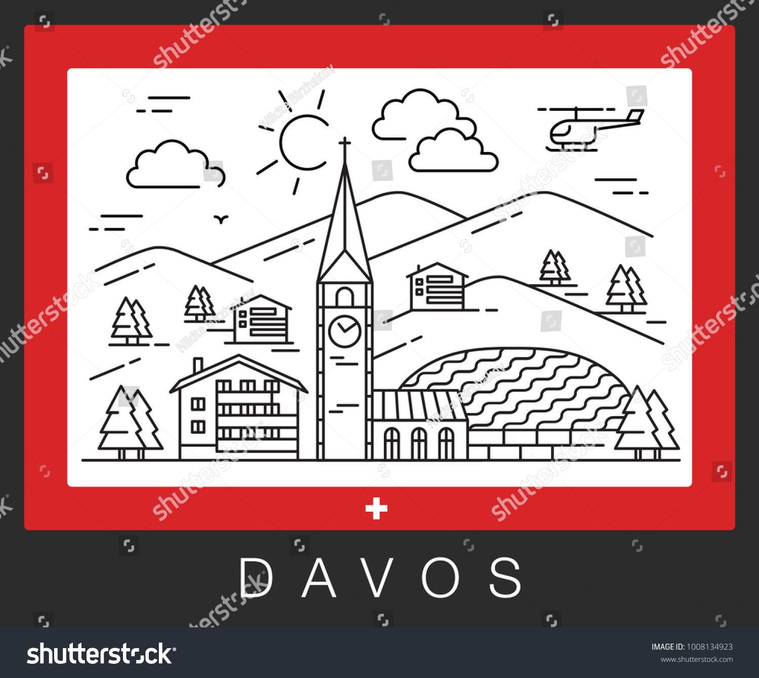 SVG of Davos, Switzerland. View of the city attractions. Vector illustration svg