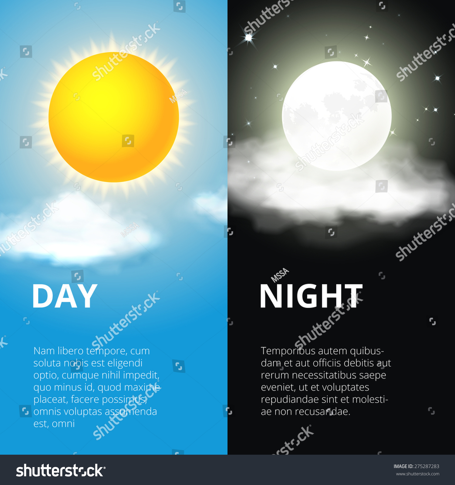 Vector Illustration Of Day And Night. Day Night Concept, Sun And Moon 86F