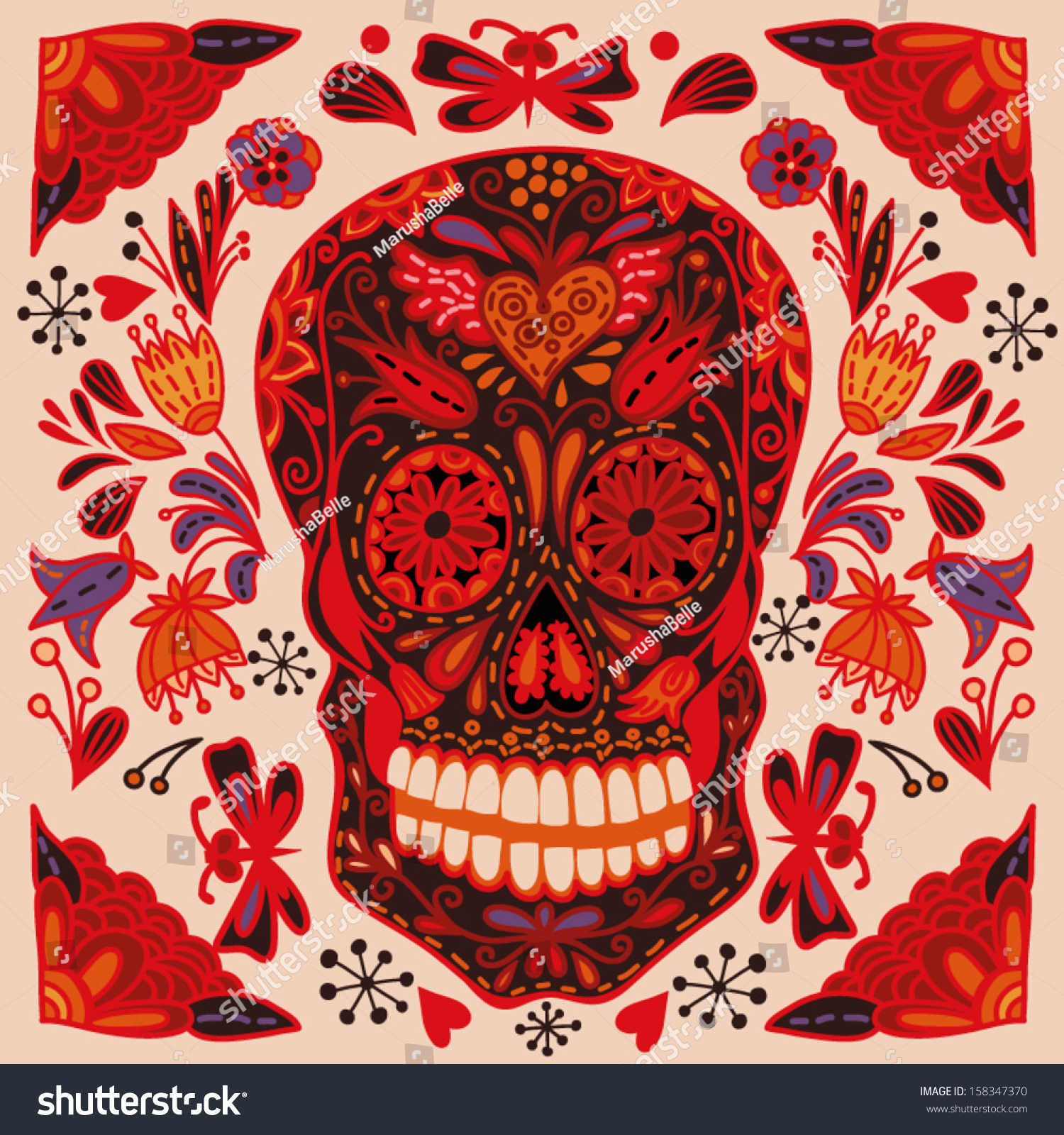 Day Of The Dead Colorful Skull With Floral Ornament. Fire Skull. Stock ...