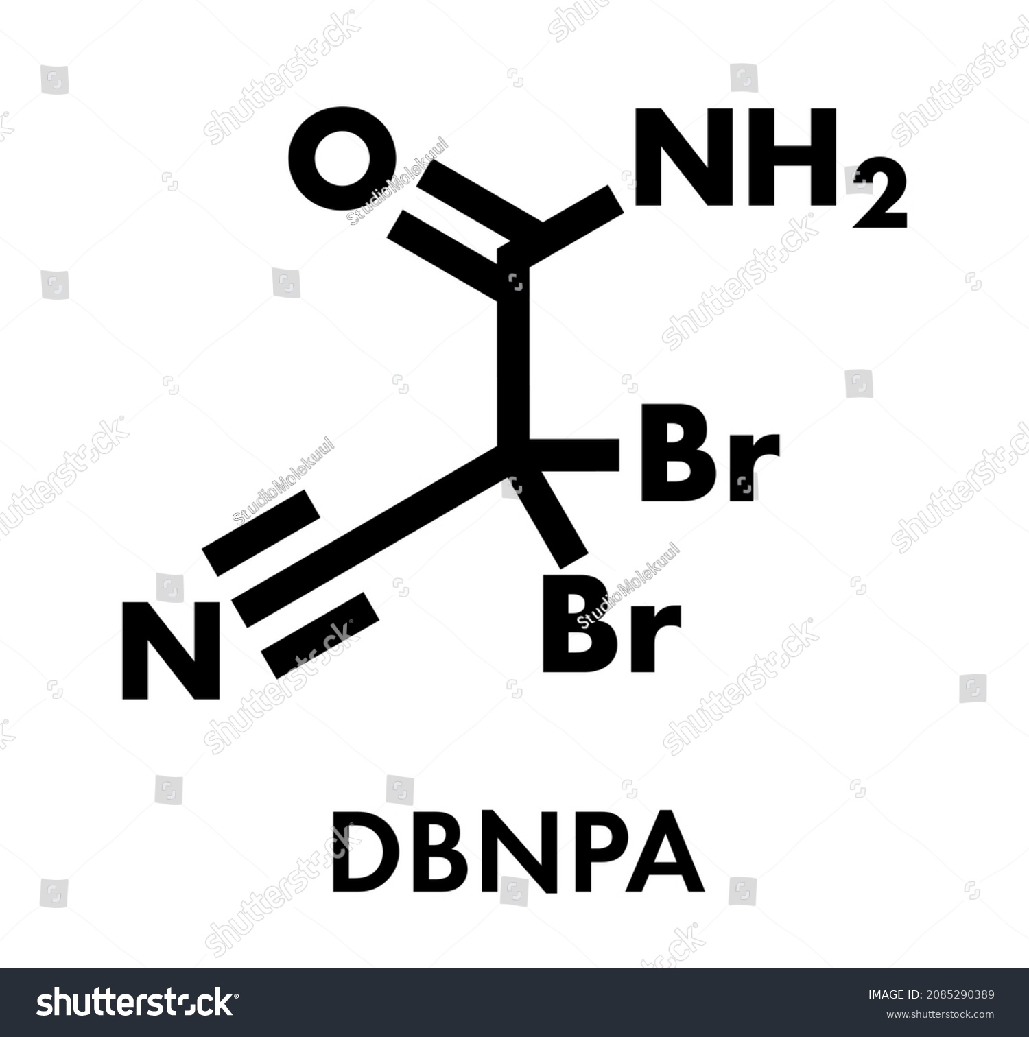 SVG of DBNPA (2,2-dibromo-3-nitrilopropionamide) biocide, chemical structure. Quick-kill biocide that rapidly breaks down in water. Skeletal formula. svg