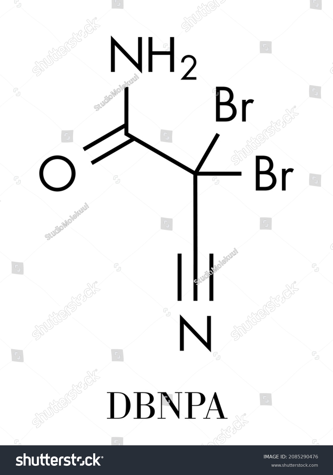 SVG of DBNPA (2,2-dibromo-3-nitrilopropionamide) biocide, chemical structure. Quick-kill biocide that rapidly breaks down in water. Skeletal formula. svg