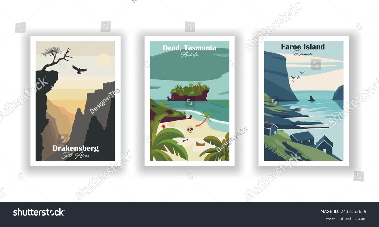 SVG of Dead, Tasmania, Australia. Drakensberg, South Africa. Faroe Island, Denmark - Set of 3 Vintage Travel Posters. Vector illustration. High Quality Prints svg