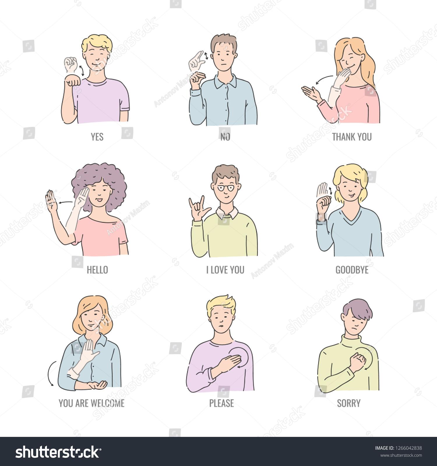 3 593 Yes Sign Language Shutterstock   Stock Vector Deaf English Basic Words In Line Art Isolated On White Background Vector Illustration Set Of 1266042838 