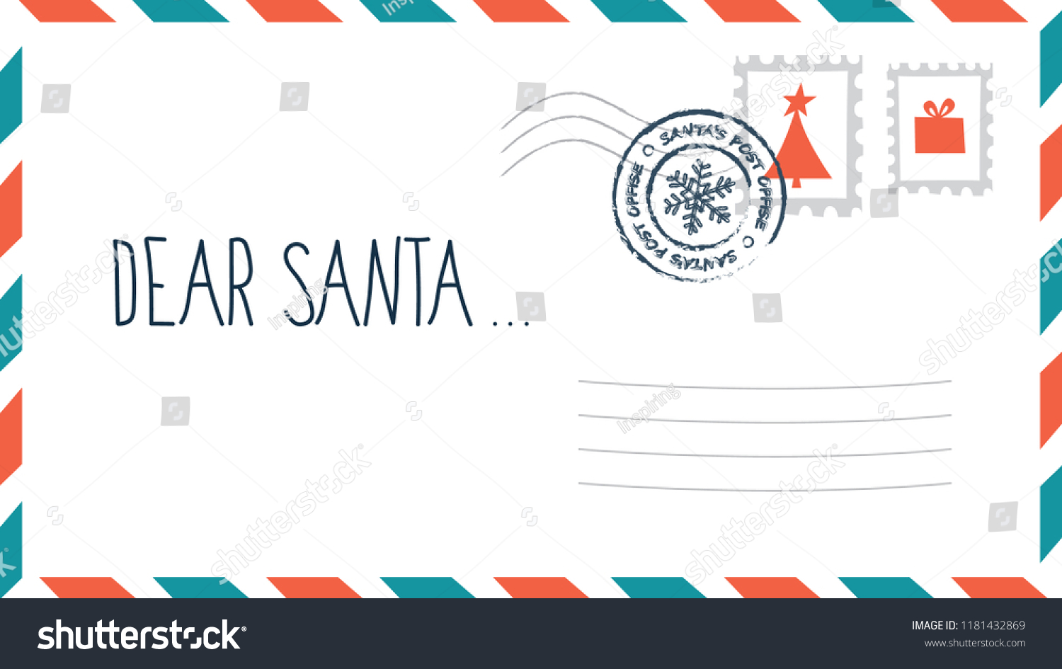 サンタクリスマスのお気に入りの封筒に切手が入った手紙 サンタクロースのホリデーチャイルドウィッシュリスト 空のはがき 平らなベクター画像イラスト のベクター画像素材 ロイヤリティフリー