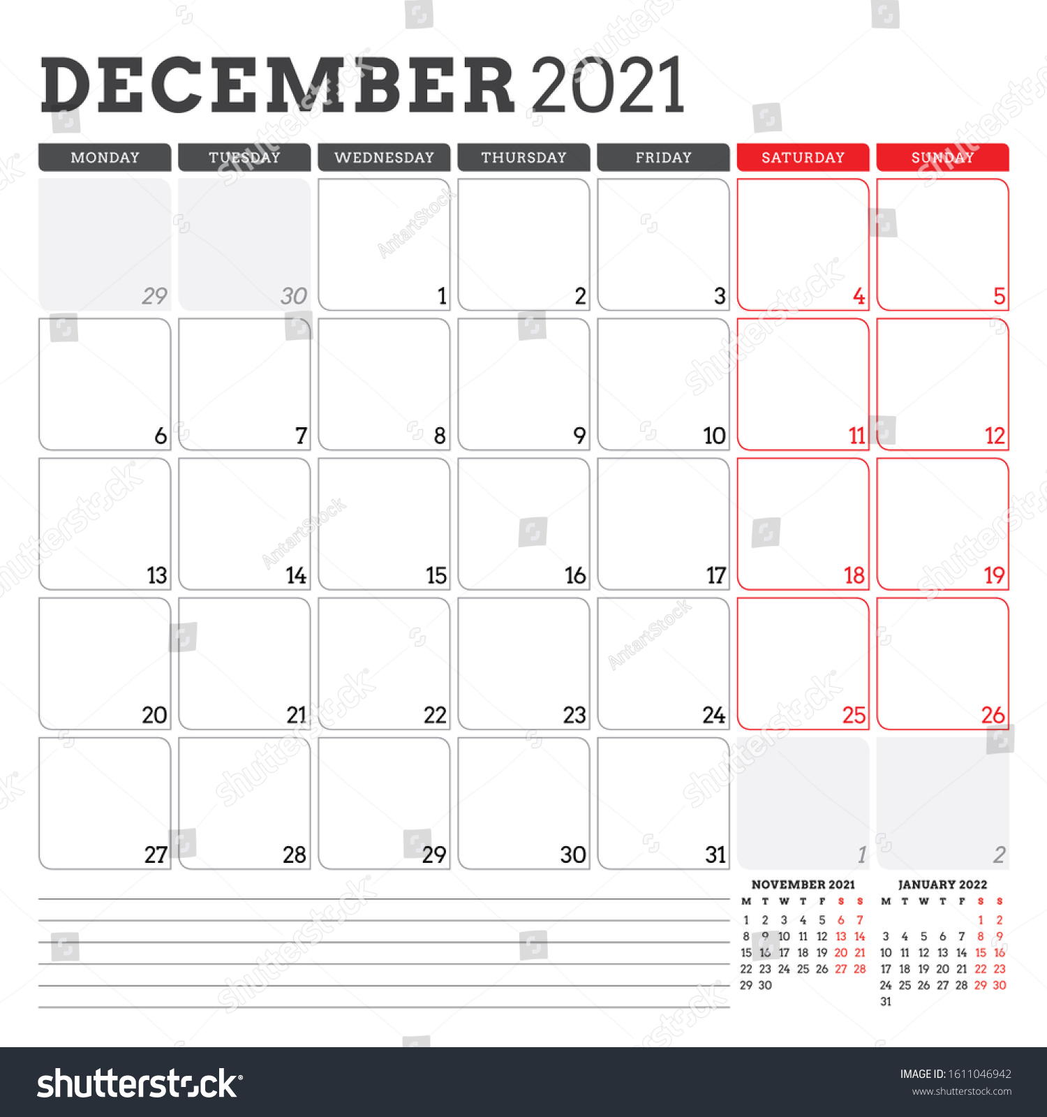 December 2021 Monthly Calendar Planner Printable Stock Vector Royalty